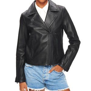 DSTLD Black Leather Biker Jacket with Black Hardware